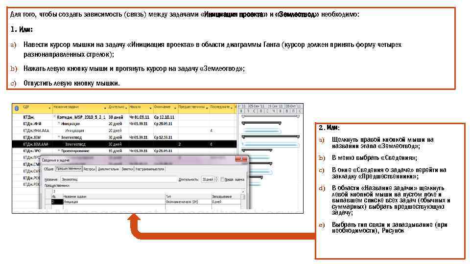 Для того, чтобы создать зависимость (связь) между задачами «Инициация проекта» и «Землеотвод» необходимо: 1.