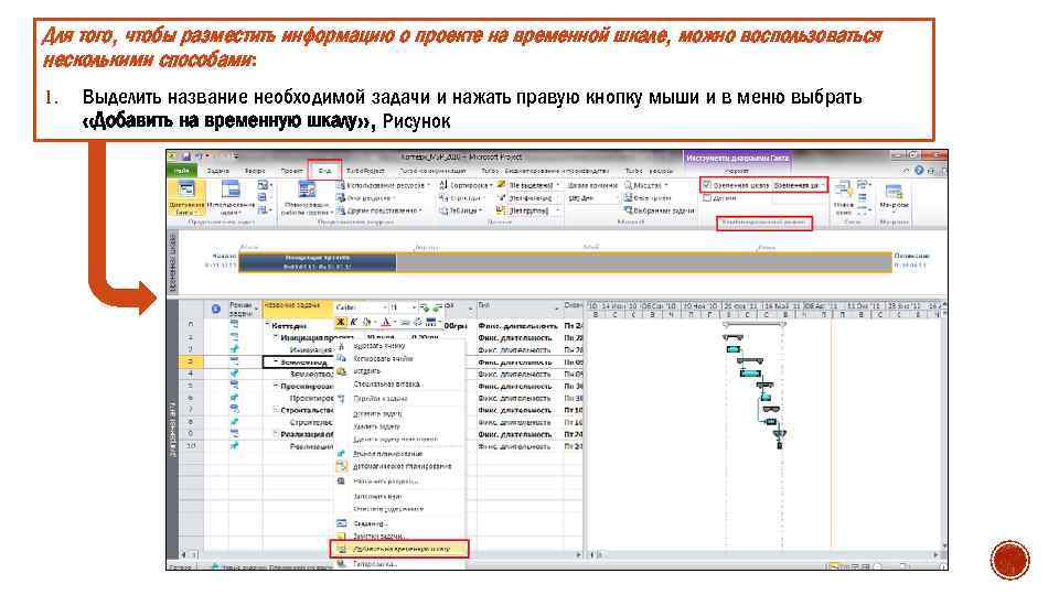 Для того, чтобы разместить информацию о проекте на временной шкале, можно воспользоваться несколькими способами: