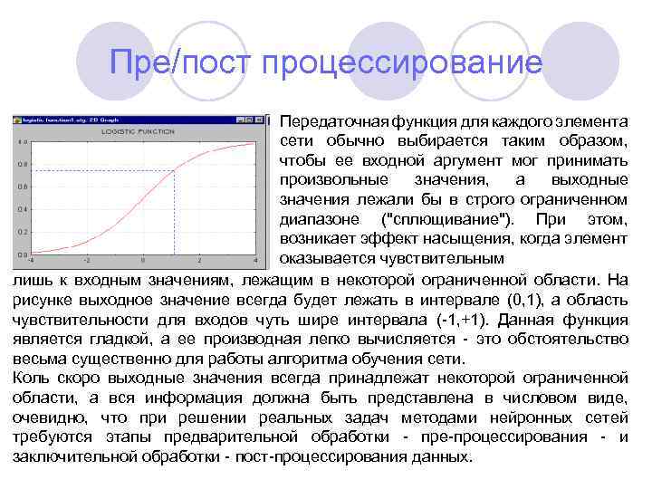 Пре/пост процессирование Передаточная функция для каждого элемента сети обычно выбирается таким образом, чтобы ее