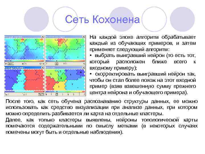 Сеть Кохонена На каждой эпохе алгоритм обрабатывает каждый из обучающих примеров, и затем применяет