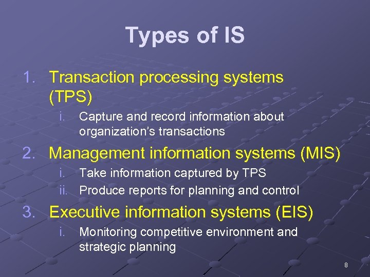 Types of IS 1. Transaction processing systems (TPS) i. Capture and record information about