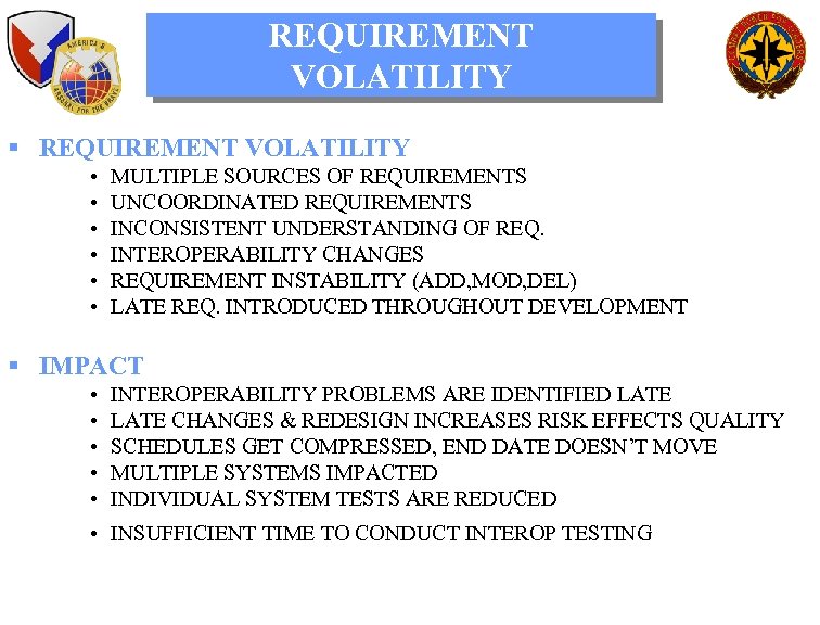 REQUIREMENT VOLATILITY § REQUIREMENT VOLATILITY • • • MULTIPLE SOURCES OF REQUIREMENTS UNCOORDINATED REQUIREMENTS