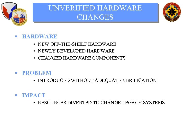 UNVERIFIED HARDWARE CHANGES § HARDWARE • NEW OFF-THE-SHELF HARDWARE • NEWLY DEVELOPED HARDWARE •
