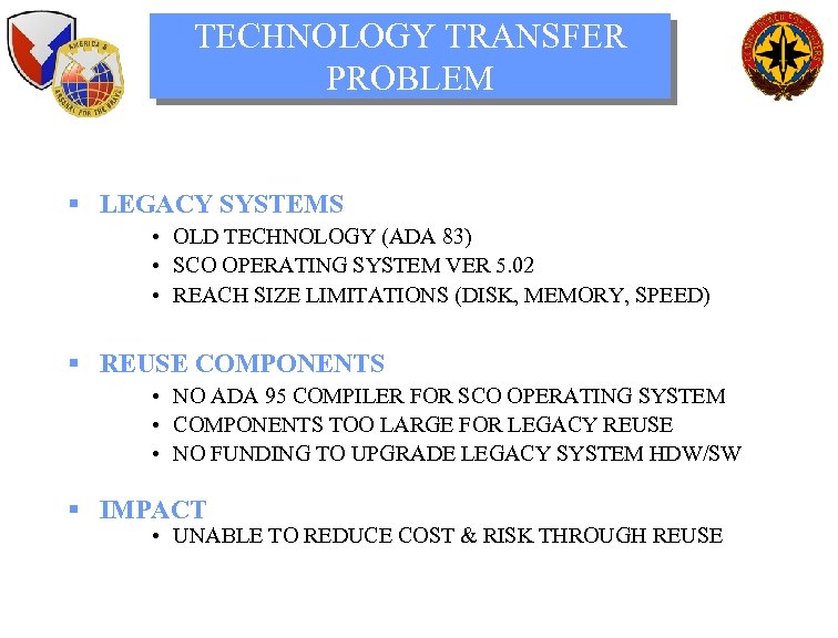 TECHNOLOGY TRANSFER PROBLEM § LEGACY SYSTEMS • OLD TECHNOLOGY (ADA 83) • SCO OPERATING