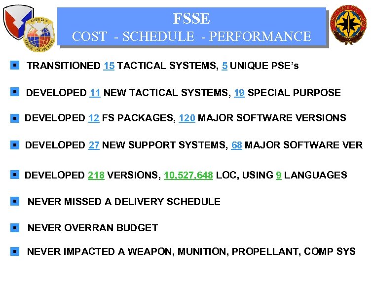 FSSE COST - SCHEDULE - PERFORMANCE TRANSITIONED 15 TACTICAL SYSTEMS, 5 UNIQUE PSE’s DEVELOPED
