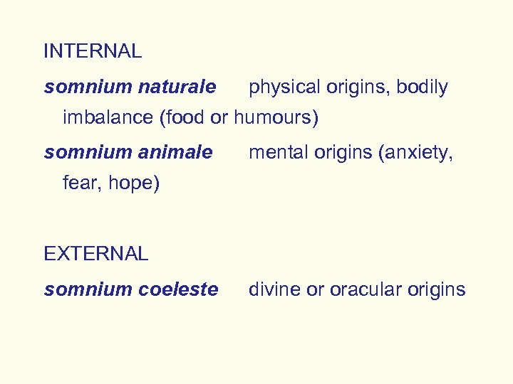 INTERNAL somnium naturale physical origins, bodily imbalance (food or humours) somnium animale mental origins