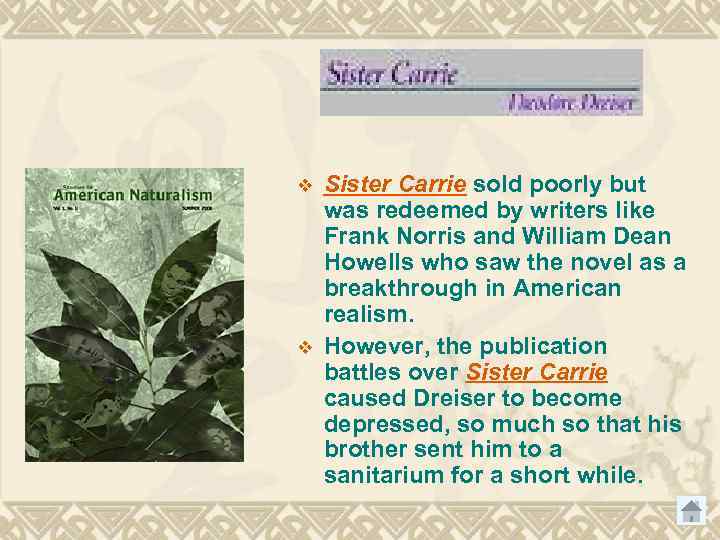 v v Sister Carrie sold poorly but was redeemed by writers like Frank Norris