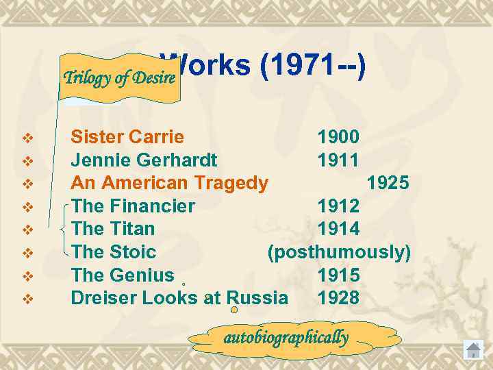 Trilogy of 1. Works Desire v v v v (1971 --) Sister Carrie 1900