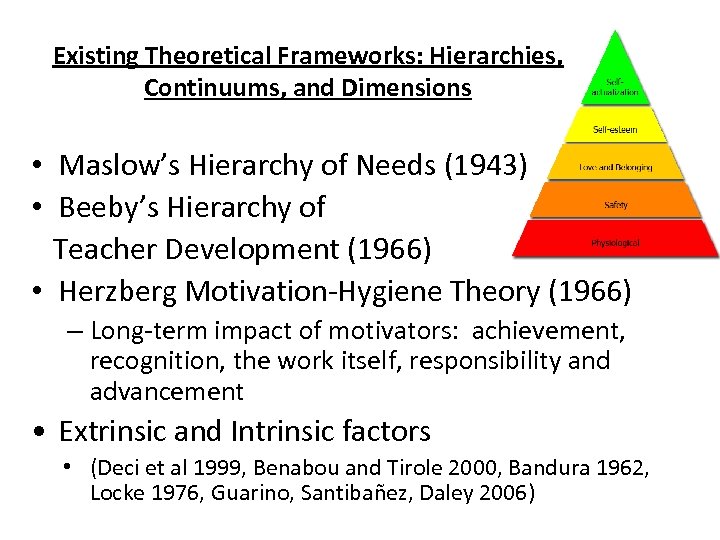 Existing Theoretical Frameworks: Hierarchies, Continuums, and Dimensions • Maslow’s Hierarchy of Needs (1943) •