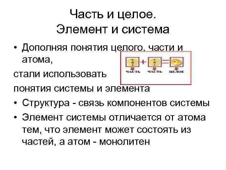 Часть и целое. Элемент и система • Дополняя понятия целого, части и атома, стали