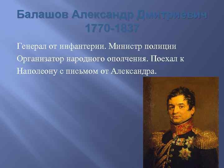 Балашов Александр Дмитриевич 1770 -1837 Генерал от инфантерии. Министр полиции Организатор народного ополчения. Поехал