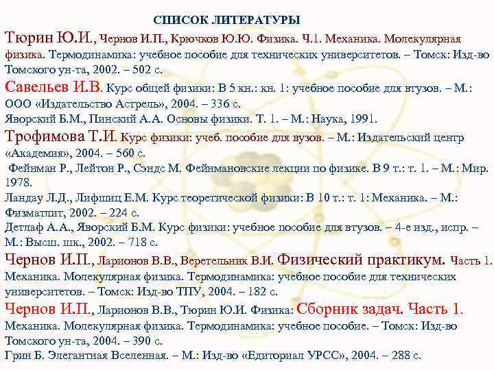 СПИСОК ЛИТЕРАТУРЫ Тюрин Ю. И. , Чернов И. П. , Крючков Ю. Ю. Физика.