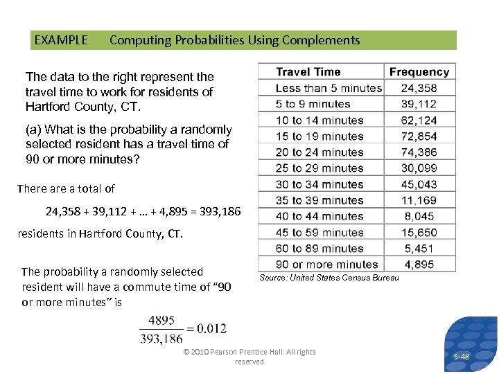 EXAMPLE Computing Probabilities Using Complements The data to the right represent the travel time