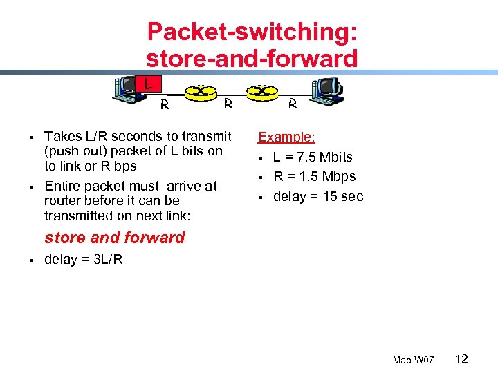 Packet-switching: store-and-forward L R § § R Takes L/R seconds to transmit (push out)