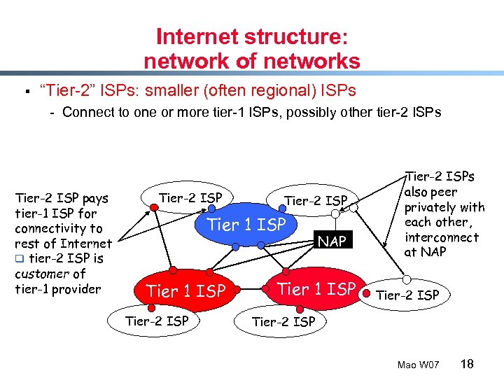 Internet structure: network of networks § “Tier-2” ISPs: smaller (often regional) ISPs - Connect
