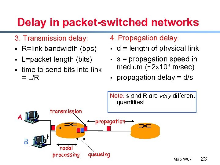 Delay in packet-switched networks 3. Transmission delay: § R=link bandwidth (bps) § L=packet length