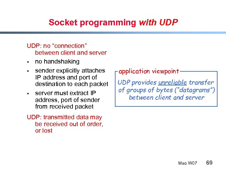 Socket programming with UDP: no “connection” between client and server § no handshaking §