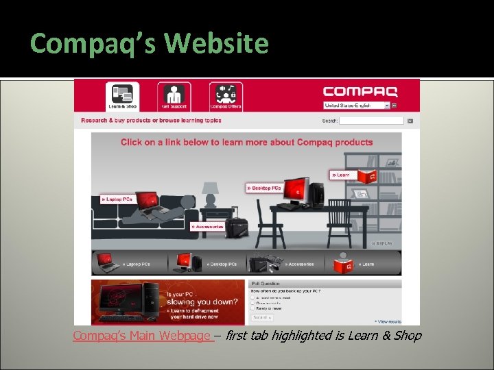 Compaq’s Website Compaq’s Main Webpage – first tab highlighted is Learn & Shop 