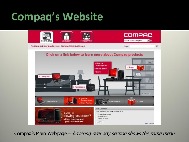 Compaq’s Website Compaq’s Main Webpage – hovering over any section shows the same menu