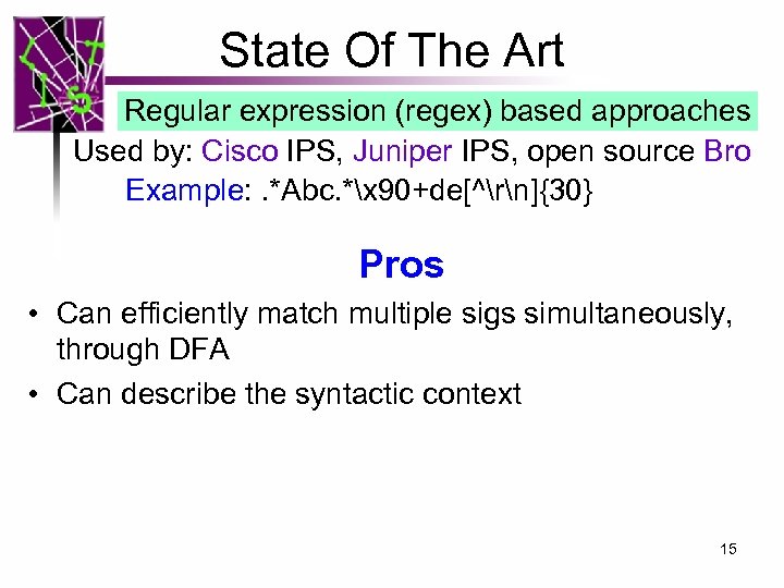 State Of The Art Regular expression (regex) based approaches Used by: Cisco IPS, Juniper