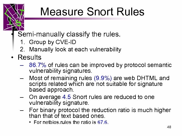 Measure Snort Rules • Semi-manually classify the rules. 1. Group by CVE-ID 2. Manually