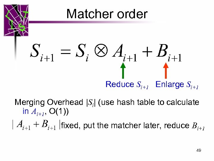 Matcher order Reduce Si+1 Enlarge Si+1 Merging Overhead |Si| (use hash table to calculate