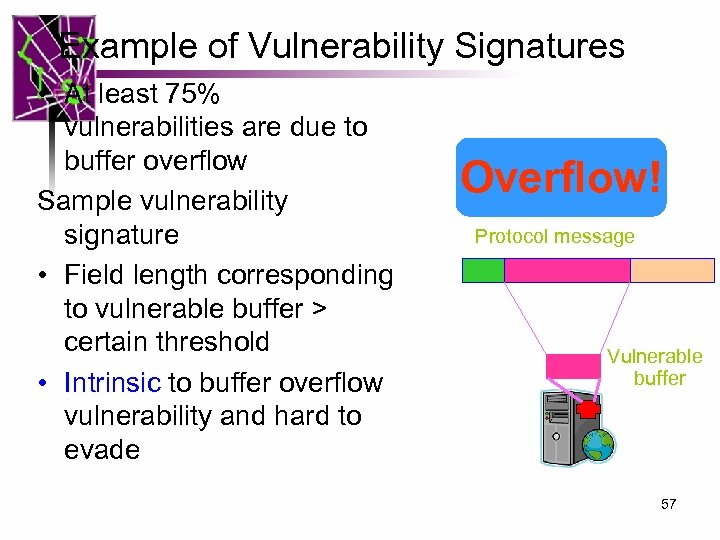 Example of Vulnerability Signatures • At least 75% vulnerabilities are due to buffer overflow