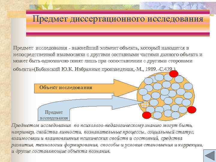 Предмет диссертационного исследования Предмет исследования - важнейший элемент объекта, который находится в непосредственной взаимосвязи