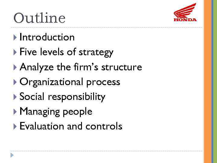 Outline Introduction Five levels of strategy Analyze the firm’s structure Organizational process Social responsibility
