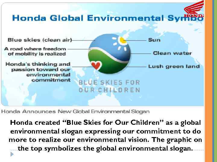 Honda created “Blue Skies for Our Children” as a global environmental slogan expressing our