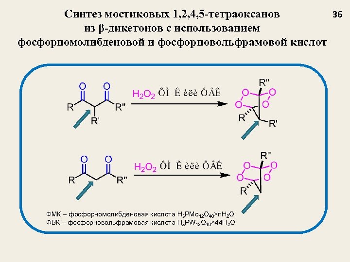 Синтез мостиковых 1, 2, 4, 5 -тетраоксанов 36 из β-дикетонов с использованием фосфорномолибденовой и