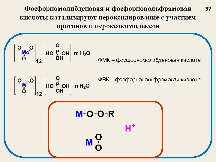 Фосфорномолибденовая и фосфорновольфрамовая кислоты катализируют пероксидирование с участием протонов и пероксокомплексов ФМК – фосфорномолибденовая