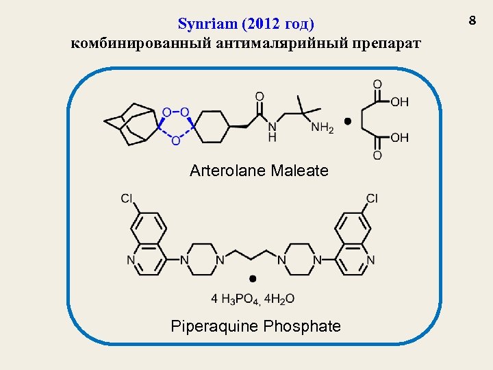 Synriam (2012 год) комбинированный антималярийный препарат Arterolane Maleate Piperaquine Phosphate 8 