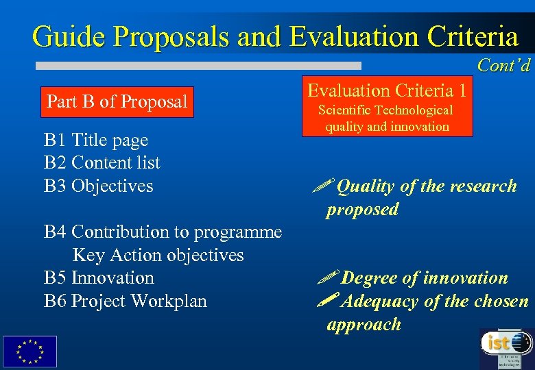 Guide Proposals and Evaluation Criteria Cont’d Part B of Proposal B 1 Title page