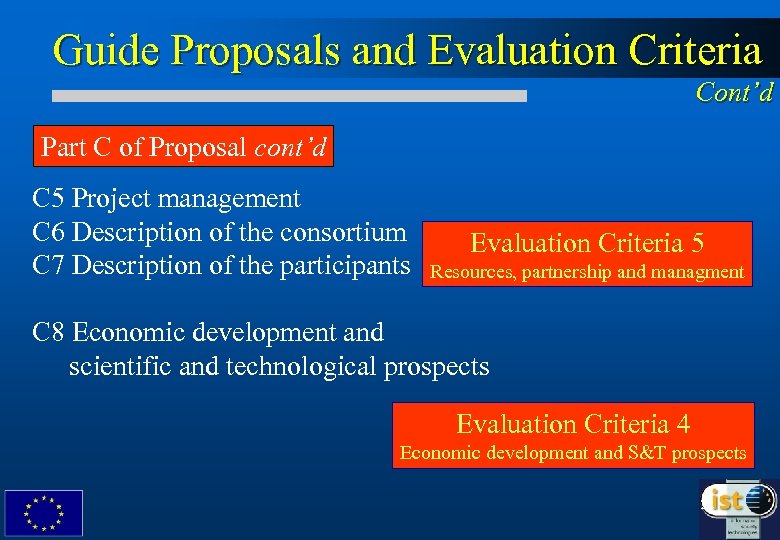 Guide Proposals and Evaluation Criteria Cont’d Part C of Proposal cont’d C 5 Project