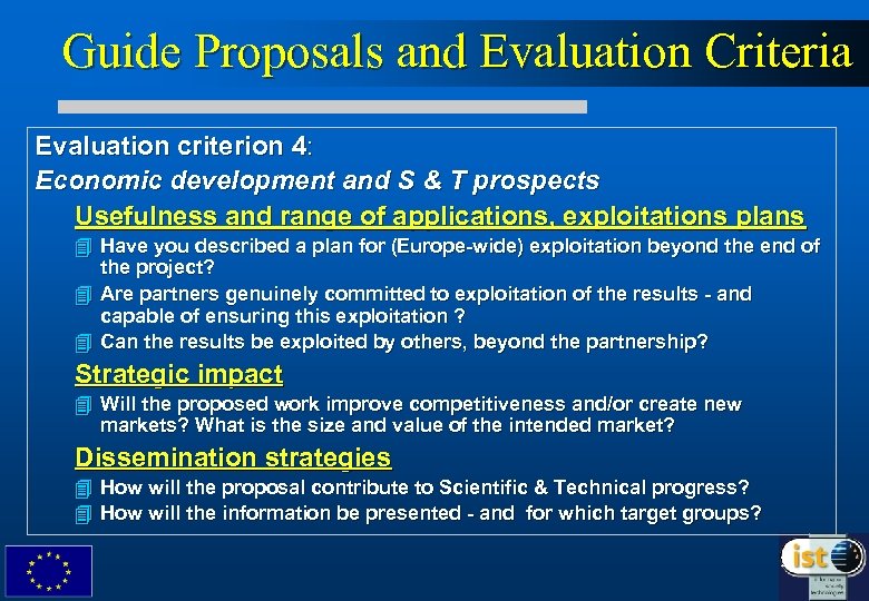 Guide Proposals and Evaluation Criteria Evaluation criterion 4: Economic development and S & T