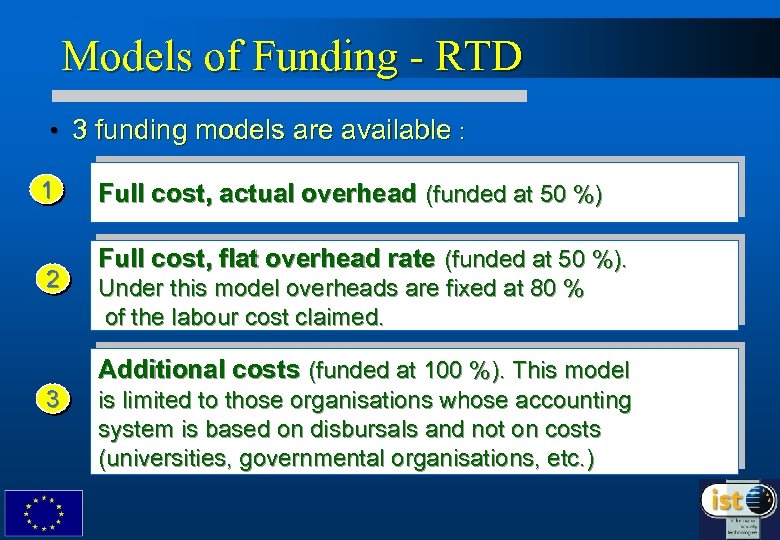 Models of Funding - RTD • 3 funding models are available : 1 2