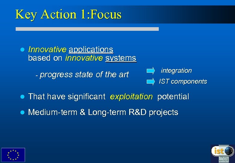 Key Action 1: Focus l Innovative applications based on innovative systems - progress state