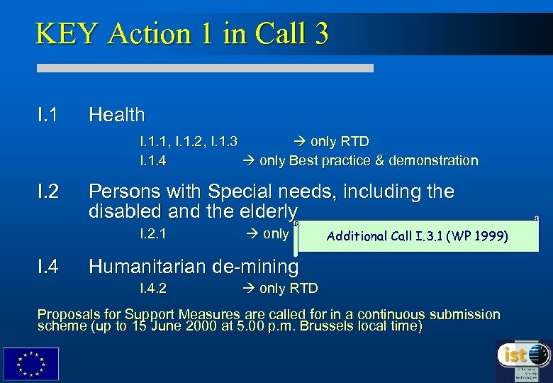 KEY Action 1 in Call 3 I. 1 Health I. 1. 1, I. 1.