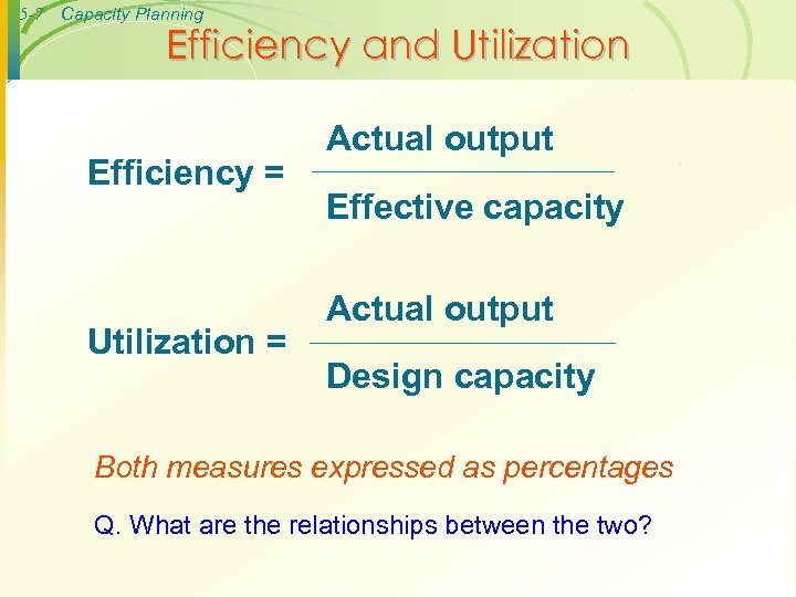 5 -7 Capacity Planning Efficiency and Utilization Efficiency = Utilization = Actual output Effective