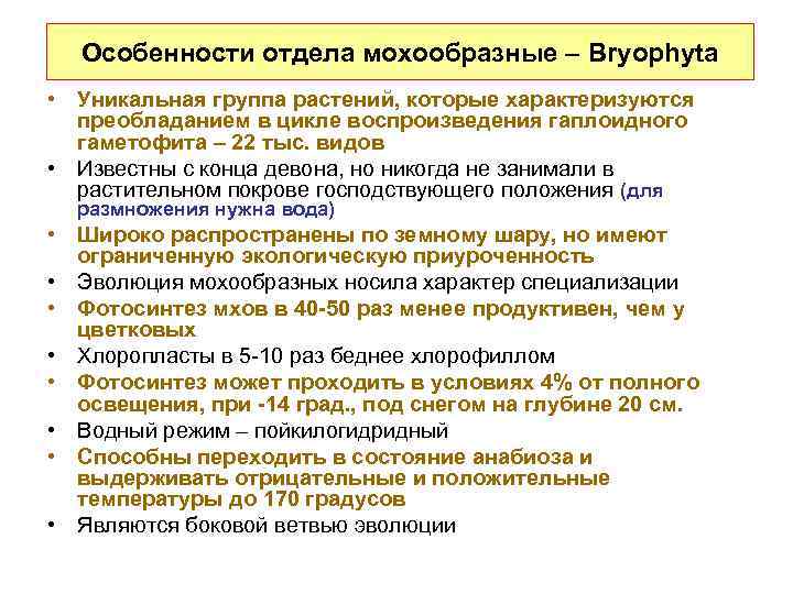 Особенности отдела мохообразные – Bryophyta • Уникальная группа растений, которые характеризуются преобладанием в цикле