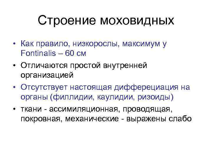 Строение моховидных • Как правило, низкорослы, максимум у Fontinalis – 60 см • Отличаются