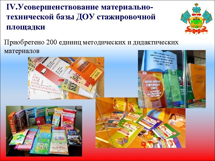 IV. Усовершенствование материальнотехнической базы ДОУ стажировочной площадки Приобретено 200 единиц методических и дидактических материалов