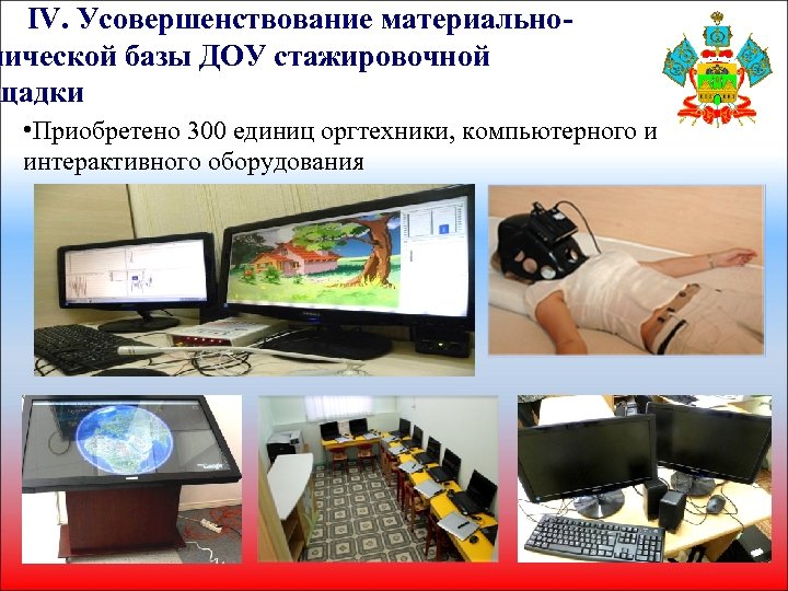 IV. Усовершенствование материальнонической базы ДОУ стажировочной щадки • Приобретено 300 единиц оргтехники, компьютерного и