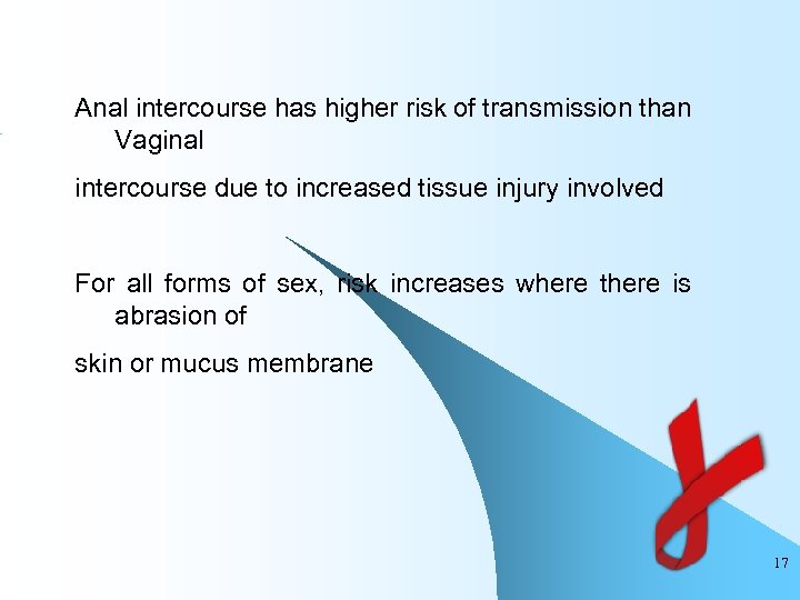 Anal intercourse has higher risk of transmission than Vaginal intercourse due to increased tissue