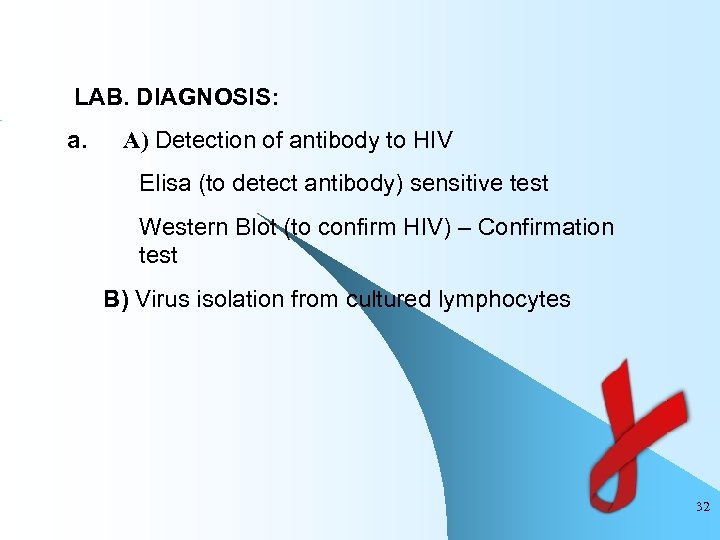  LAB. DIAGNOSIS: a. A) Detection of antibody to HIV Elisa (to detect antibody)