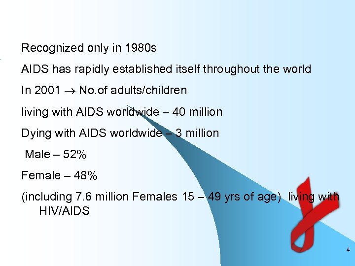 Recognized only in 1980 s AIDS has rapidly established itself throughout the world In