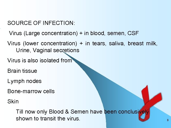 SOURCE OF INFECTION: Virus (Large concentration) + in blood, semen, CSF Virus (lower concentration)