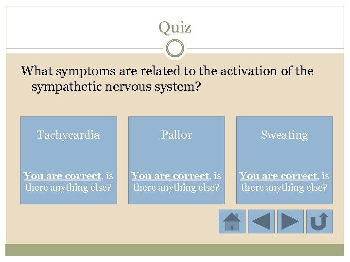 Quiz What symptoms are related to the activation of the sympathetic nervous system? Tachycardia