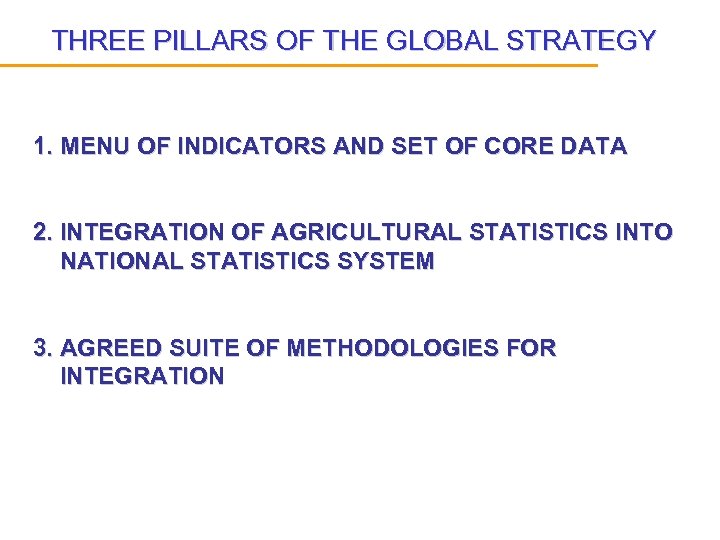 THREE PILLARS OF THE GLOBAL STRATEGY 1. MENU OF INDICATORS AND SET OF CORE